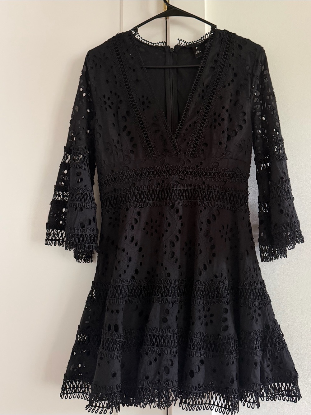 AQUA 100% Cotton Black V Geo Lace Eyelet Trim Fit & Flare Cocktail Dress Small